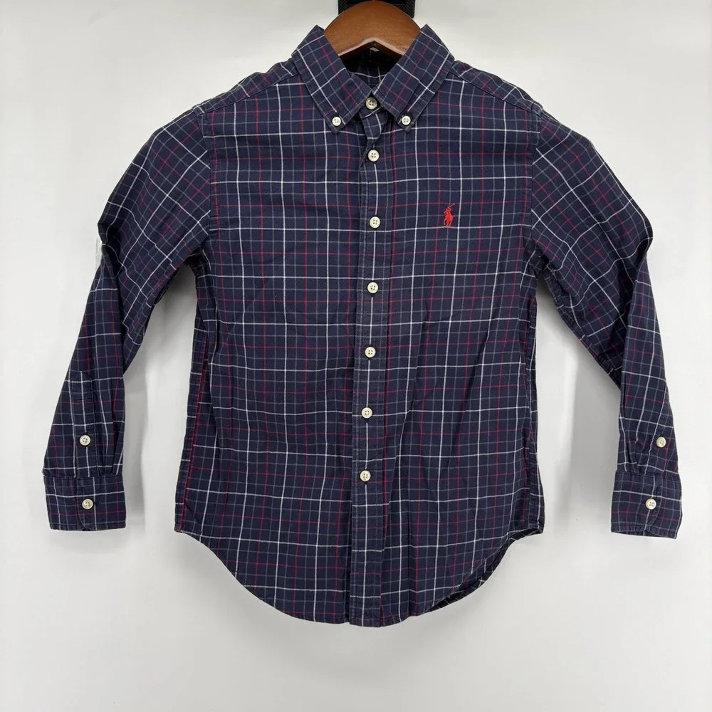 Youth Ralph Lauren Button Up Blue White Red Plaid‎ L/S Size Small (8) Red Pony